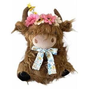 Enchanted Garden Plush Highland Cow with Floral Crown and Blue Flowered Bow